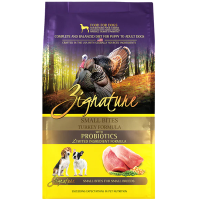 Zignature turkey bites with probiotics dog food 4 pound bag