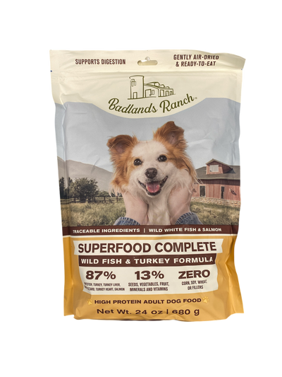 Superfood from Badlands Ranch. New Wild fish and Turkey Formula. Airdried and high protein formula.