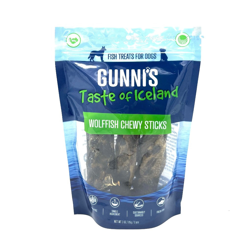 Gunni's Taste of Iceland Wolffish Chewy Sticks 3 oz bag