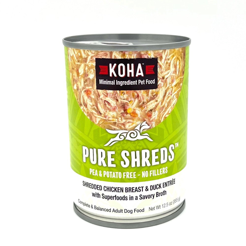 Koha pure shreds chick and duck canned dog food