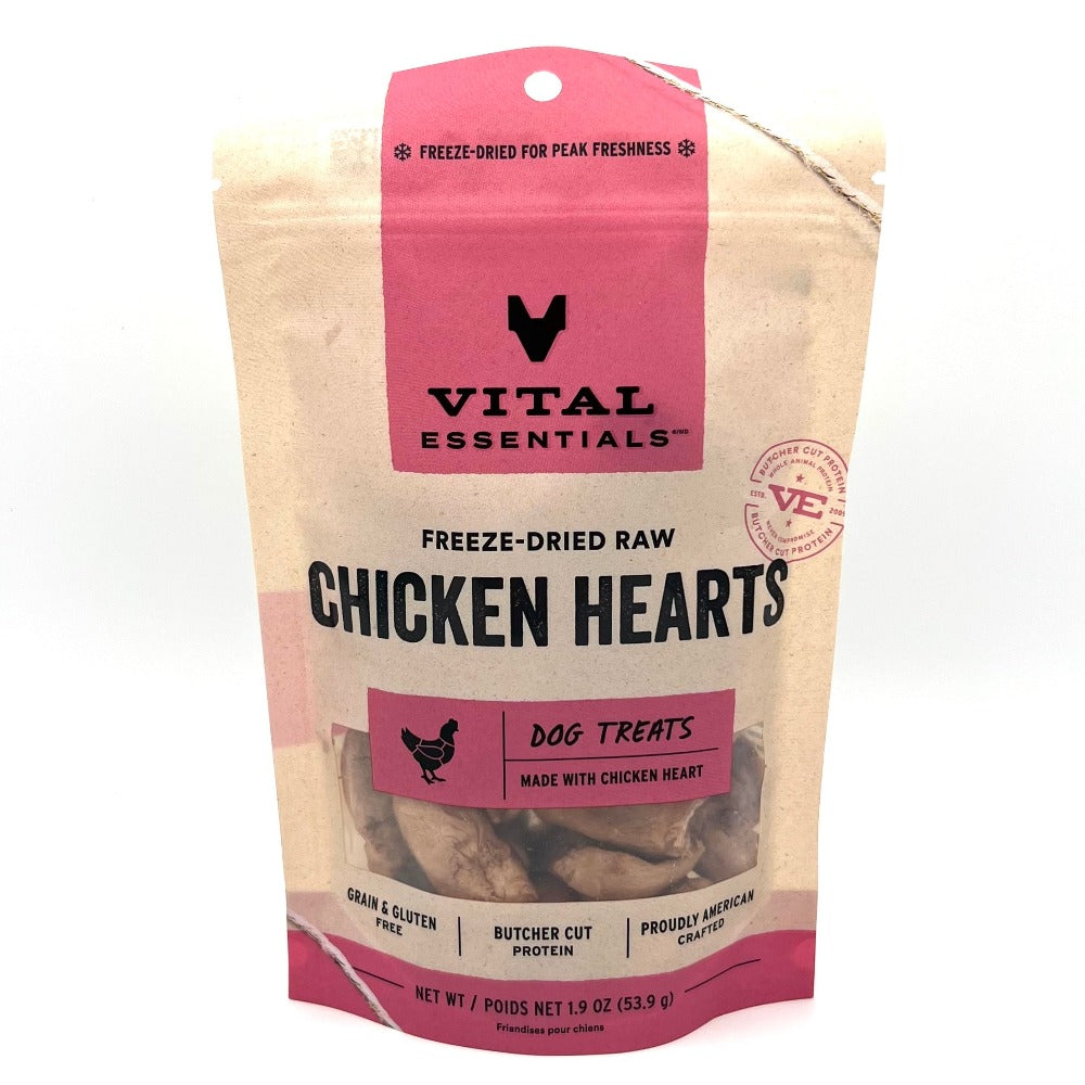 Vital Essentials freeze dried chicken hearts dog treats bag