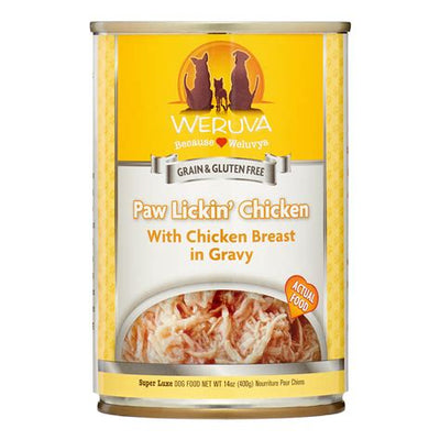 Paw licking chicken breast in gravy canned pet food